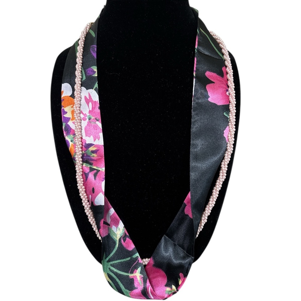 (#16) Floral Satin Ribbon with Pink Beaded Accents